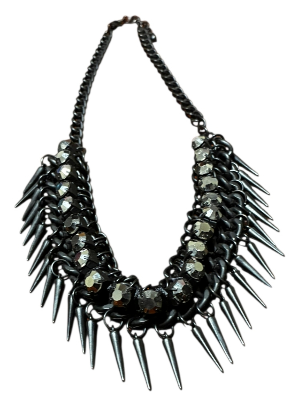 Fashion Jewelry | Black Matte Spike Necklace with Rhinestone Accents - Picture 2 of 3